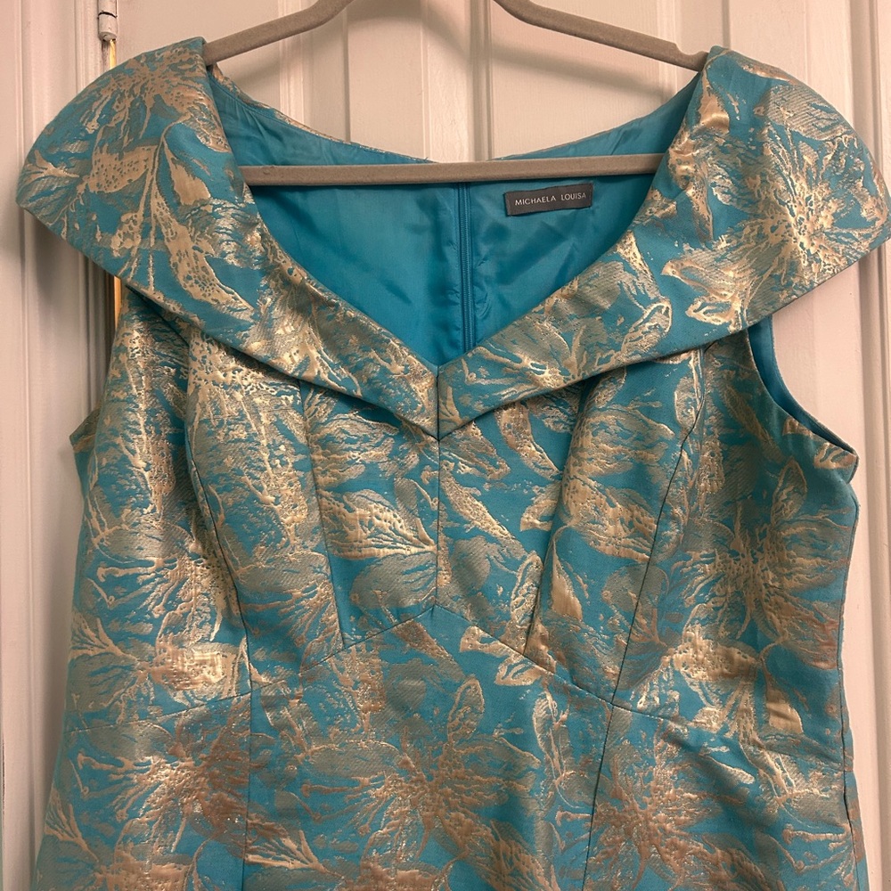 Stunning Light Blue & Gold Party Dress , Knee High, Off Shoulder